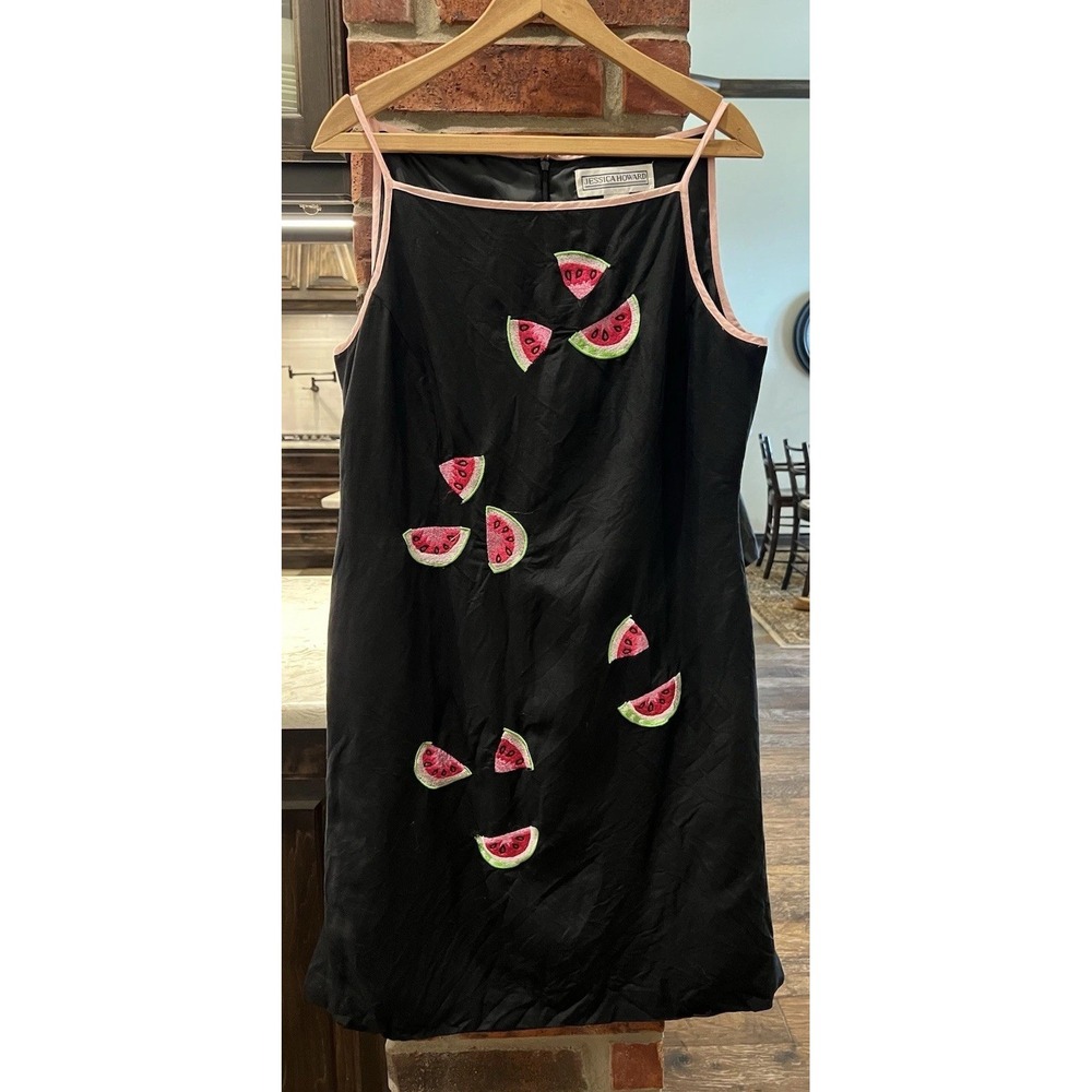 VTG Jessica Howard Linen Rayon Watermelon Dress 16 Embroidered Fruit Black